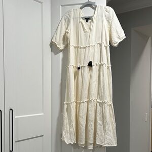 Scoop Gauzey Cream tiered Midi Dress with Tassel Accents